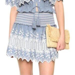 LoveShackFancy Womens Blue White Smocked Waist Ruffled Floral Mini Skirt Size 1